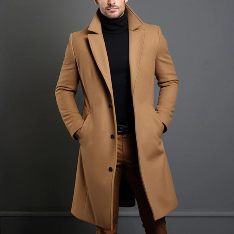 Heren Slim-Fit Lange Wollen Jas | Elegante Dubbelrijige Winterjas