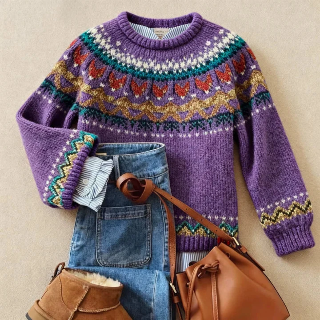 Sweter nordycki z okrągłym dekoltem | Klasyczny vintage'owy sweter dzianinowy
