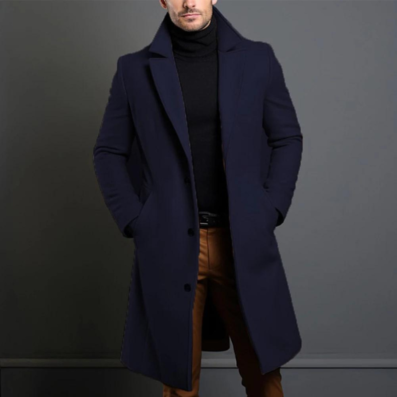 Heren Slim-Fit Lange Wollen Jas | Elegante Dubbelrijige Winterjas