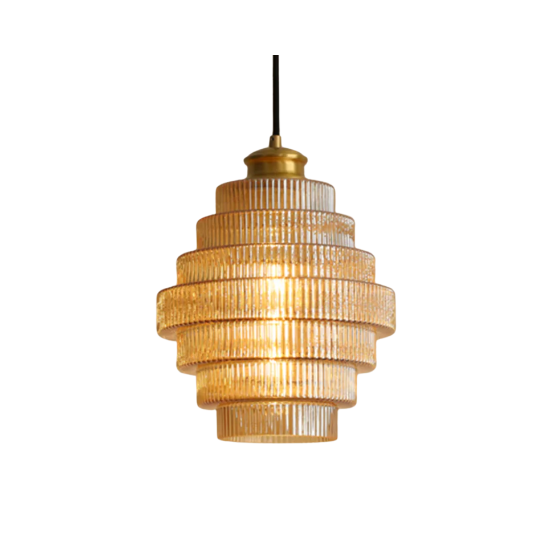 Golvende Glazen Hanglamp met Geribbelde Kap en Messing Details
