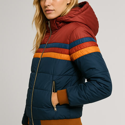 Retro Pufferjack met Warme Strepen – Kleurrijke Winterjas voor Dames