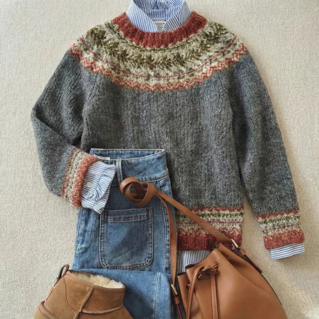 Sweter nordycki z okrągłym dekoltem | Klasyczny vintage'owy sweter dzianinowy