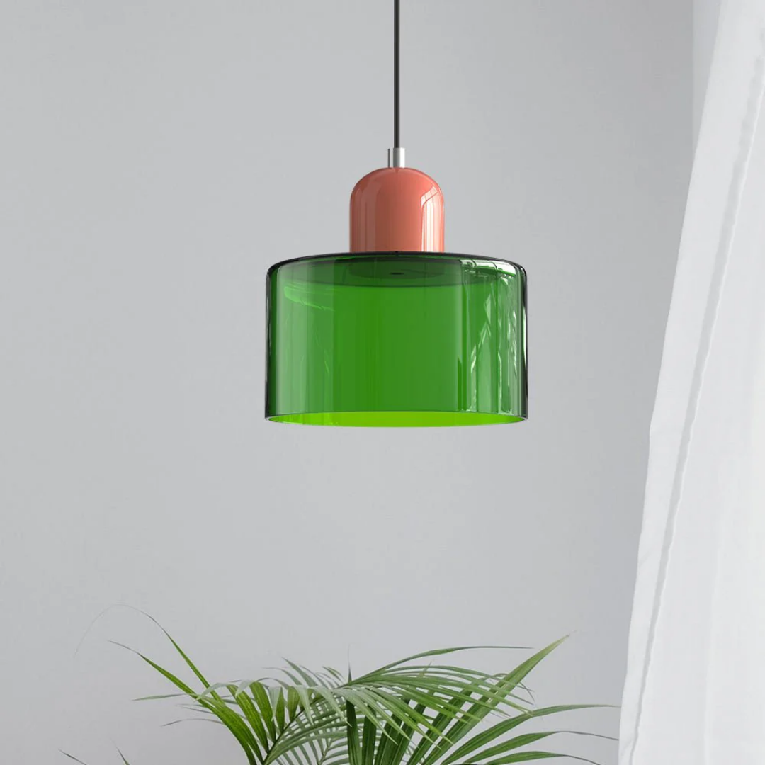 Retro Hanglamp met Oranje Glazen Kap & Groene Bovenzijde
