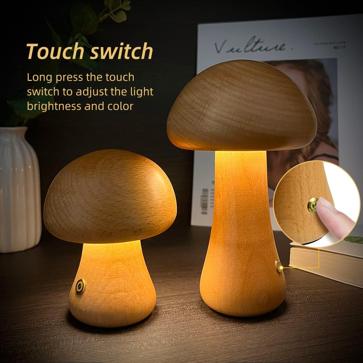 Paddenstoelvormige Oplaadbare Tafellamp | Dimbare Houten Lamp