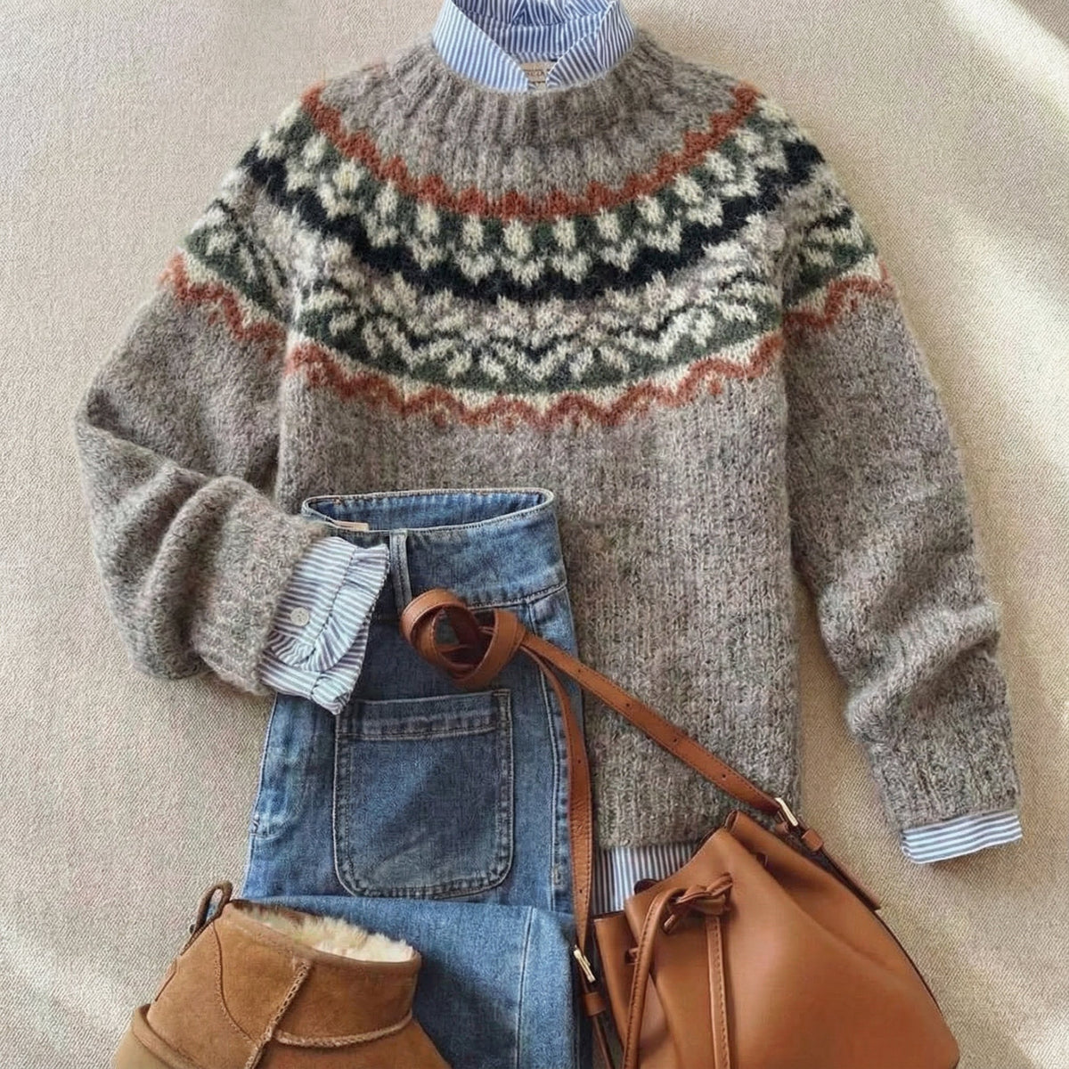 Sweter nordycki z okrągłym dekoltem | Klasyczny vintage'owy sweter dzianinowy