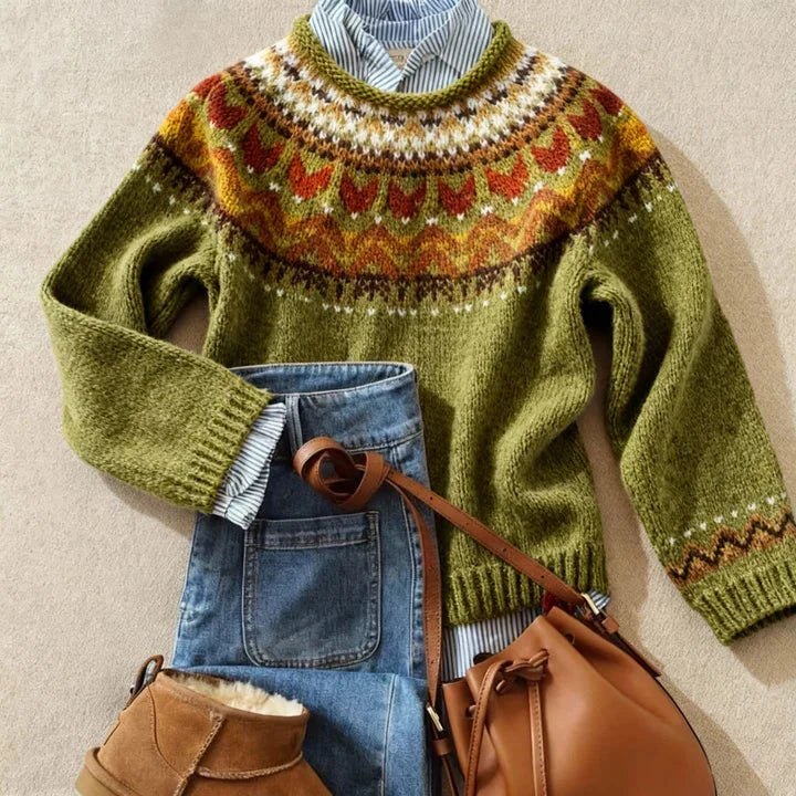 Sweter nordycki z okrągłym dekoltem | Klasyczny vintage'owy sweter dzianinowy