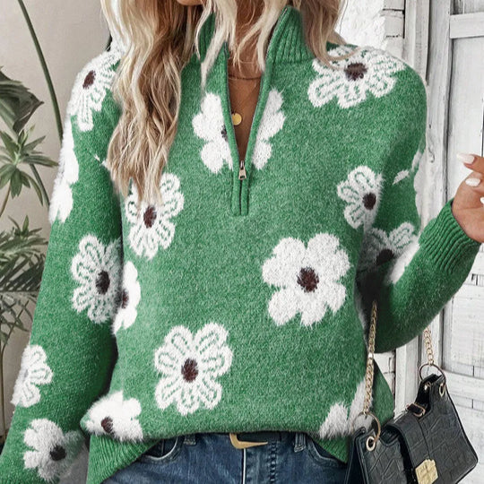 Pull pour femme à imprimé floral et demi-zip | Daisy Knit décontracté