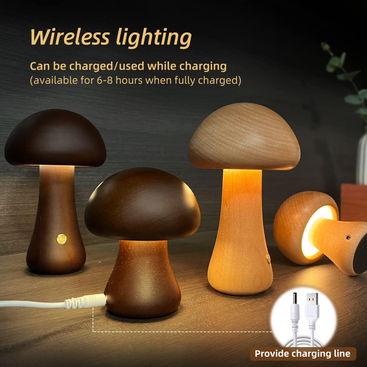 Paddenstoelvormige Oplaadbare Tafellamp | Dimbare Houten Lamp