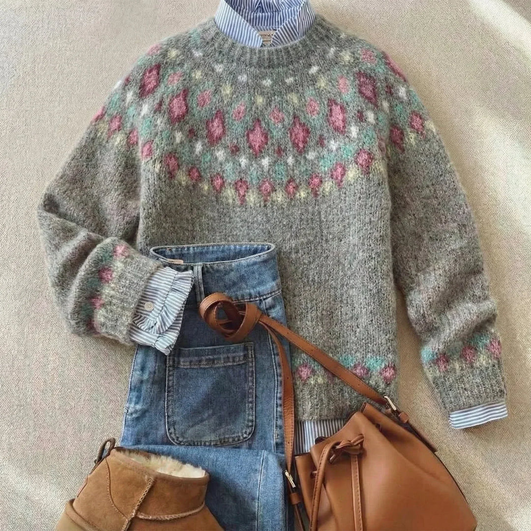Sweter nordycki z okrągłym dekoltem | Klasyczny vintage'owy sweter dzianinowy