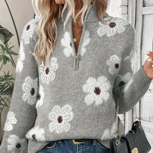 Pull pour femme à imprimé floral et demi-zip | Daisy Knit décontracté