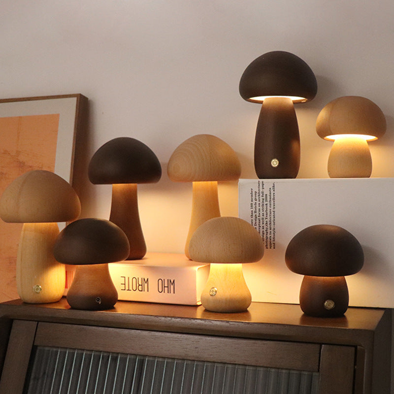Paddenstoelvormige Oplaadbare Tafellamp | Dimbare Houten Lamp