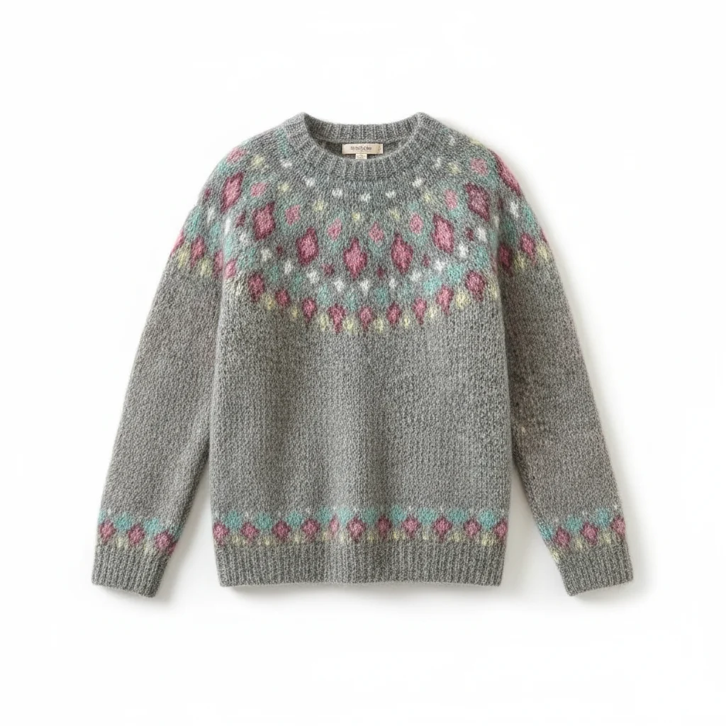 Sweter nordycki z okrągłym dekoltem | Klasyczny vintage'owy sweter dzianinowy