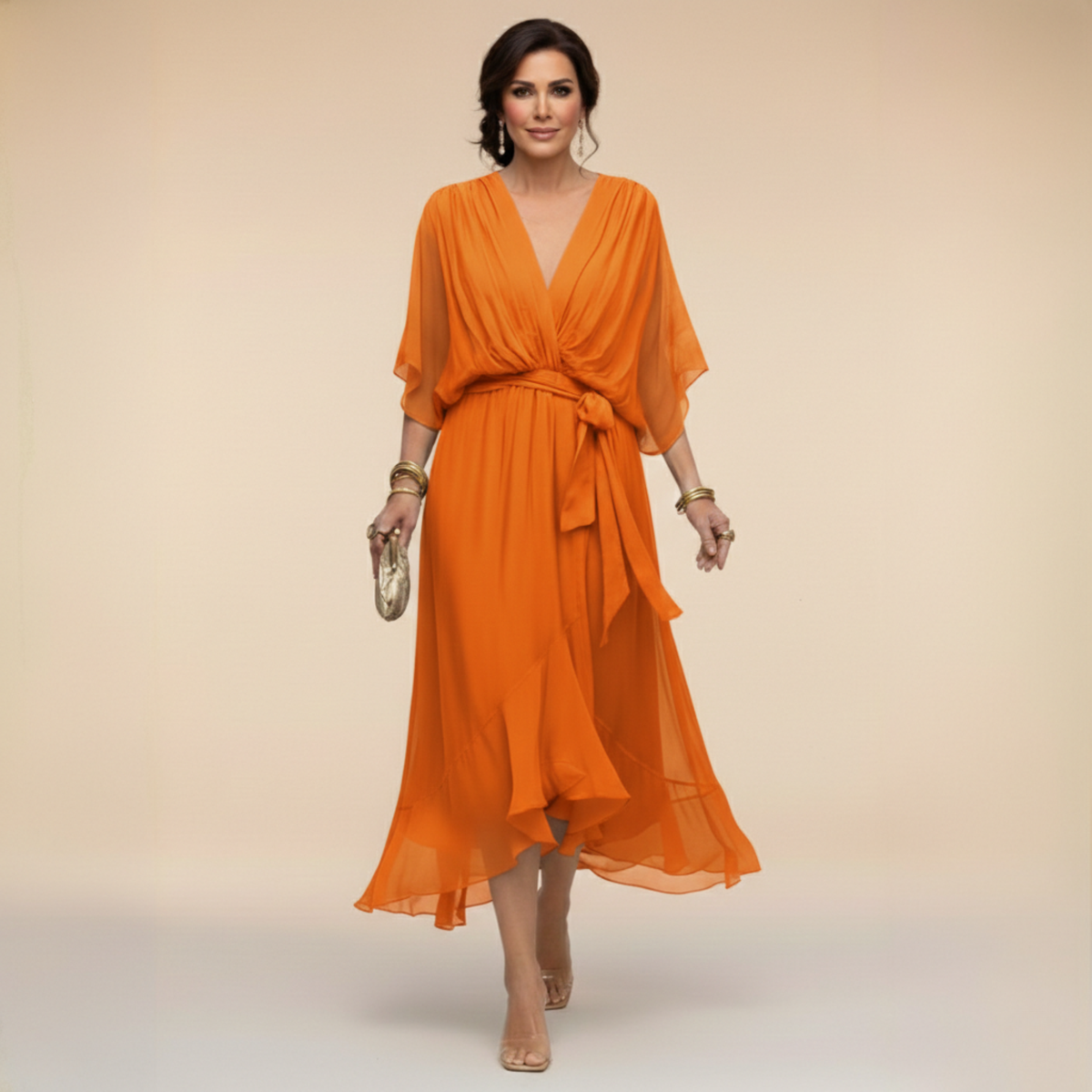 Dames Midi Chiffonjurk | Elegante Jurk Met V-Hals En Ceintuur