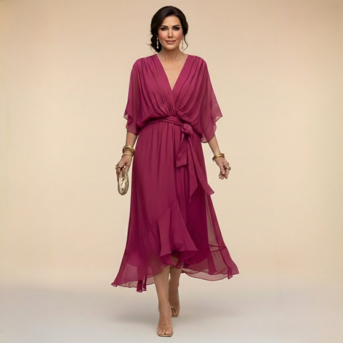 Dames Midi Chiffonjurk | Elegante Jurk Met V-Hals En Ceintuur