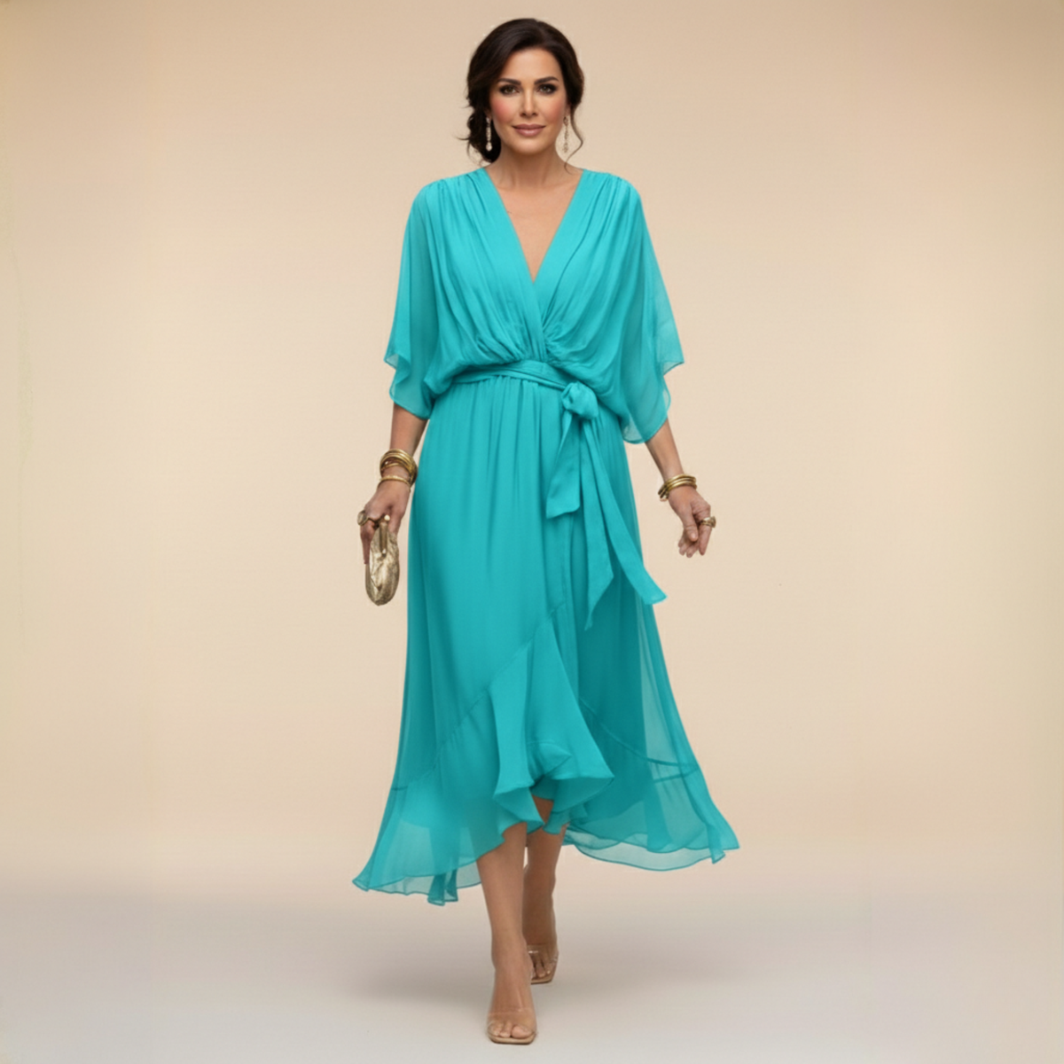 Dames Midi Chiffonjurk | Elegante Jurk Met V-Hals En Ceintuur