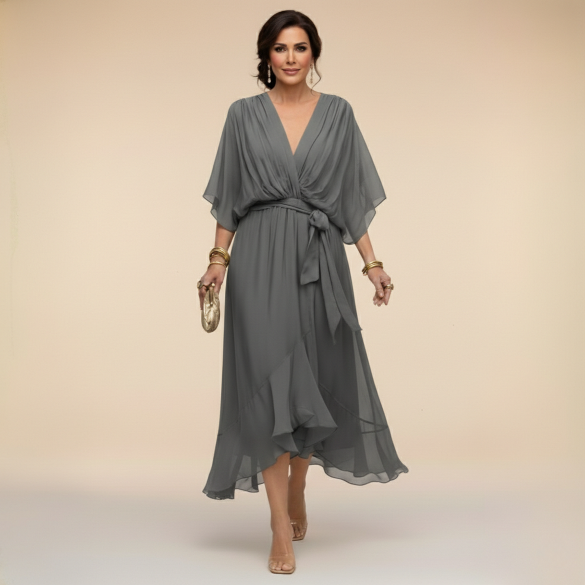 Dames Midi Chiffonjurk | Elegante Jurk Met V-Hals En Ceintuur