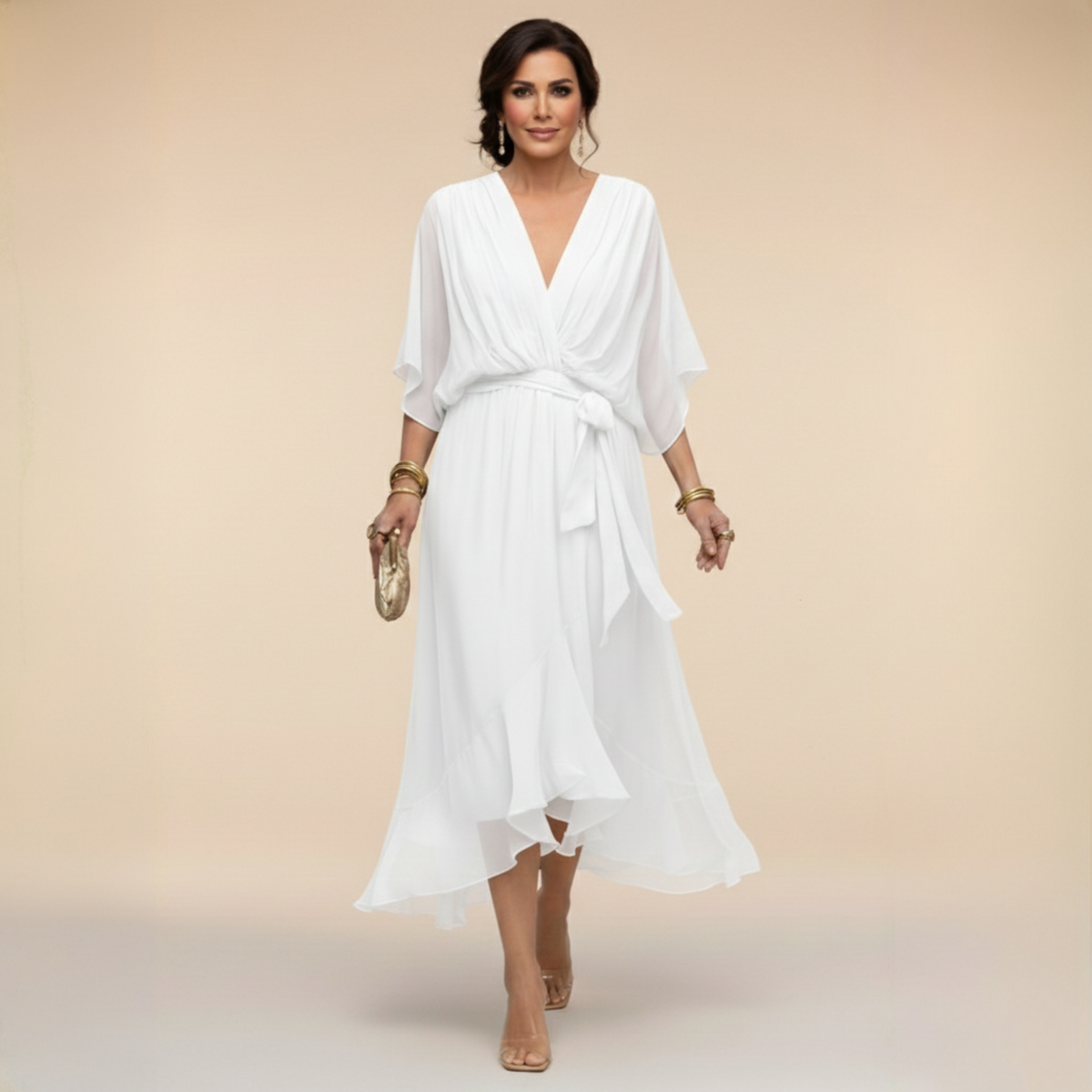 Dames Midi Chiffonjurk | Elegante Jurk Met V-Hals En Ceintuur
