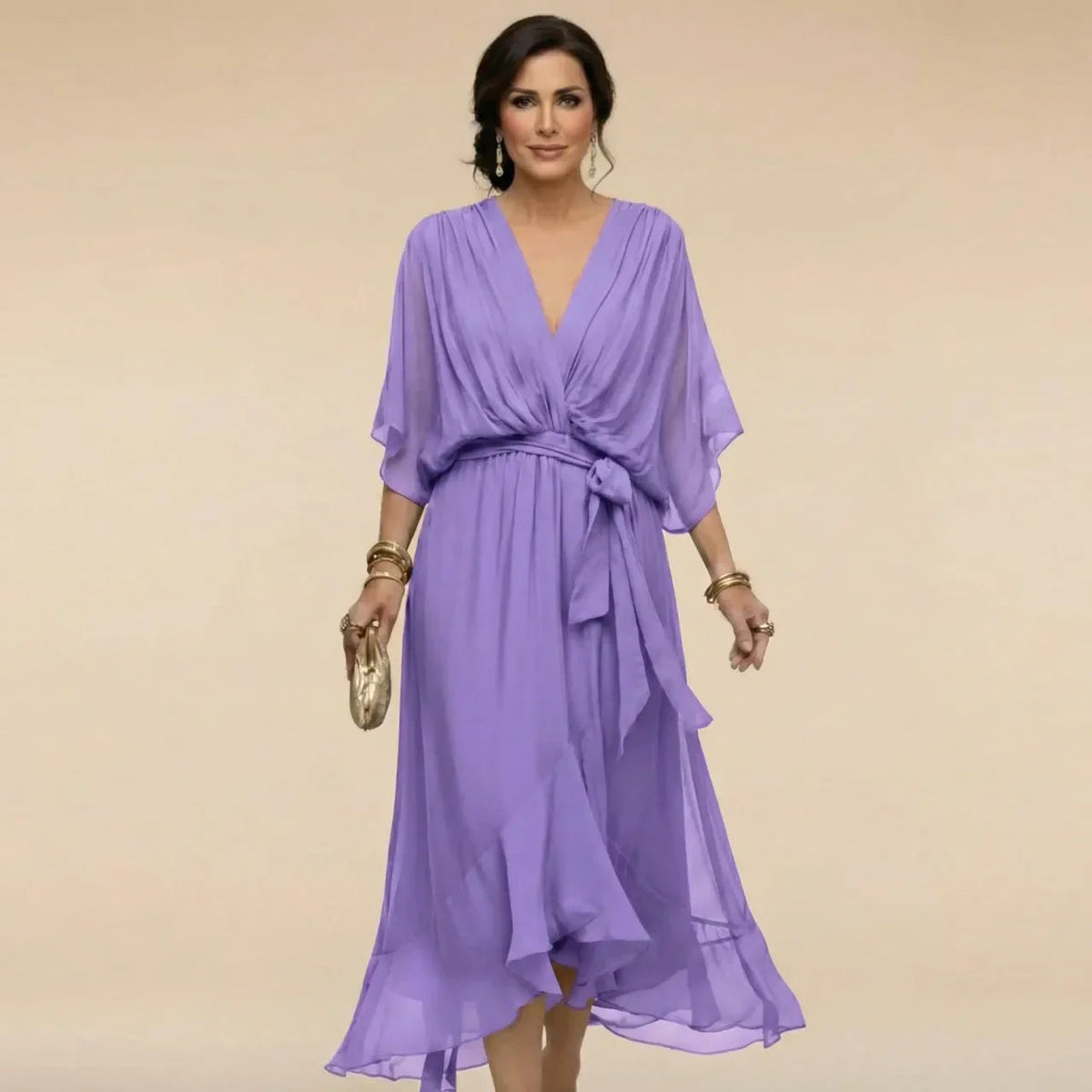 Dames Midi Chiffonjurk | Elegante Jurk Met V-Hals En Ceintuur