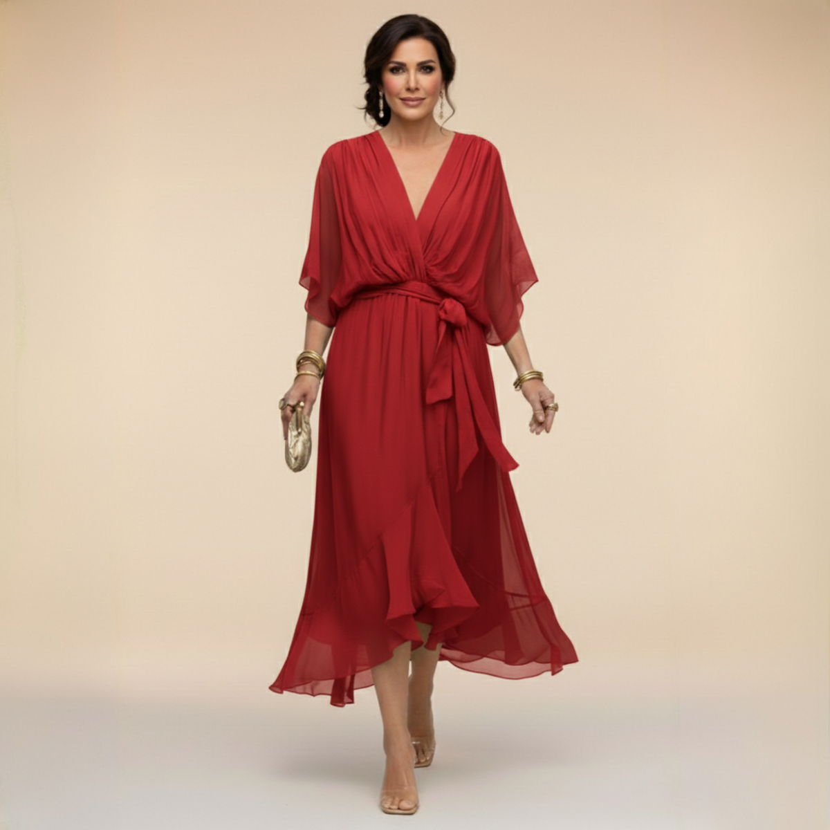 Dames Midi Chiffonjurk | Elegante Jurk Met V-Hals En Ceintuur