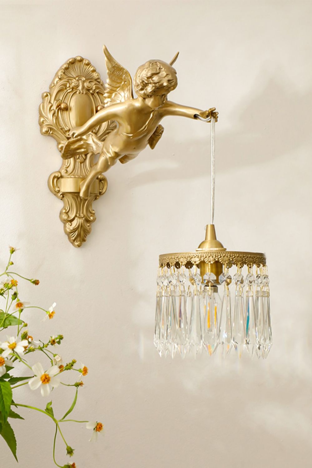 Engelen Wandlamp | Messing &amp; Kristal E14 Wandlamp Met Putto-Design
