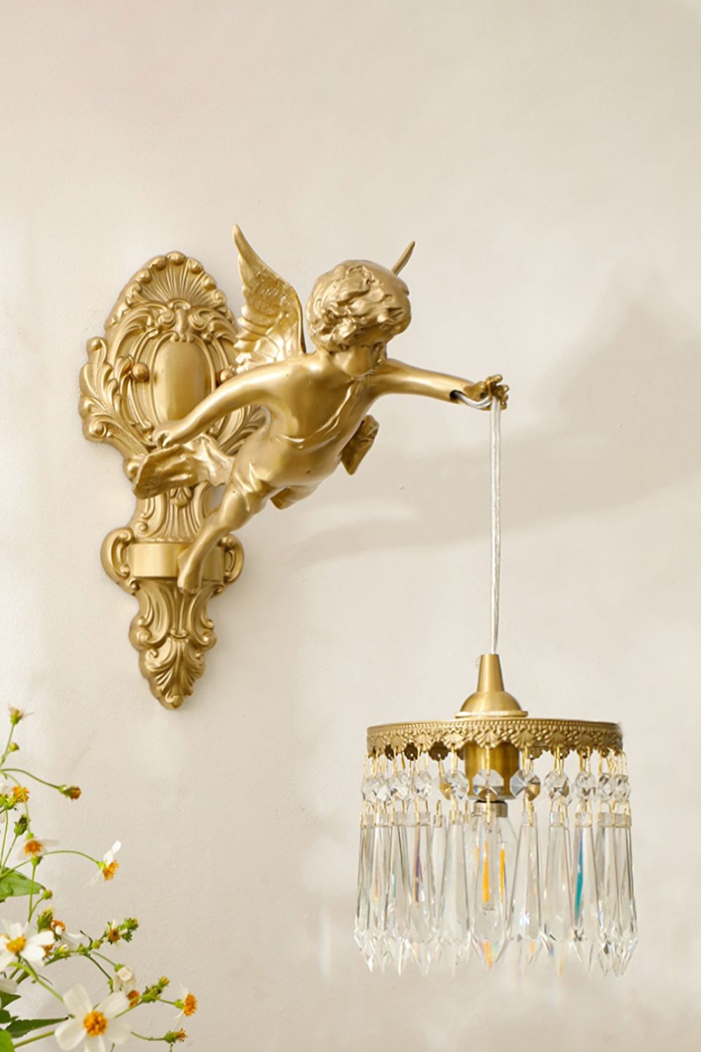 Engelen Wandlamp | Messing &amp; Kristal E14 Wandlamp Met Putto-Design