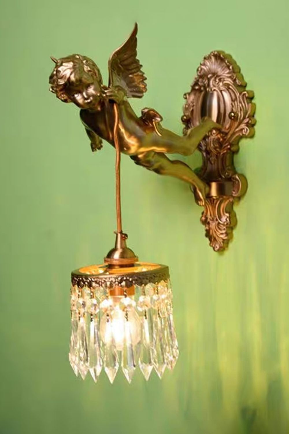 Engelen Wandlamp | Messing &amp; Kristal E14 Wandlamp Met Putto-Design