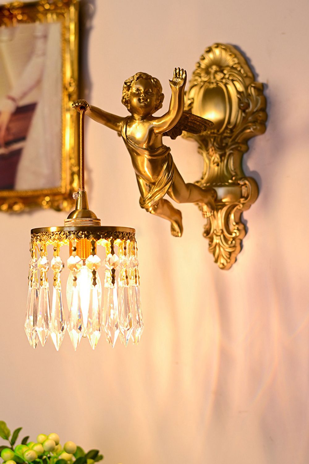 Engelen Wandlamp | Messing &amp; Kristal E14 Wandlamp Met Putto-Design
