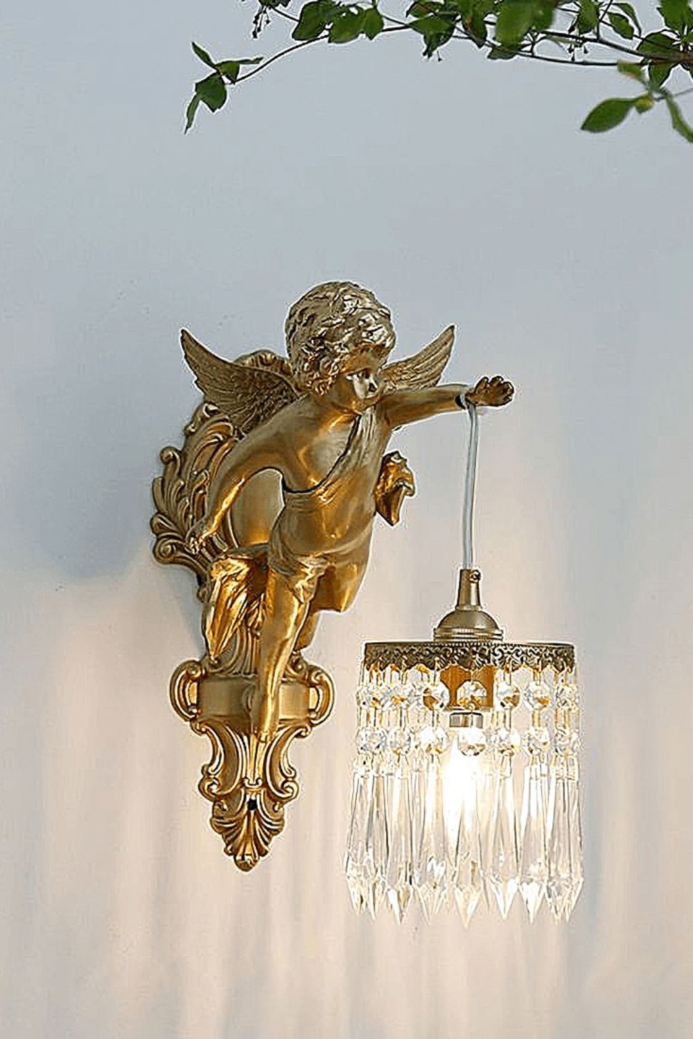 Engelen Wandlamp | Messing &amp; Kristal E14 Wandlamp Met Putto-Design
