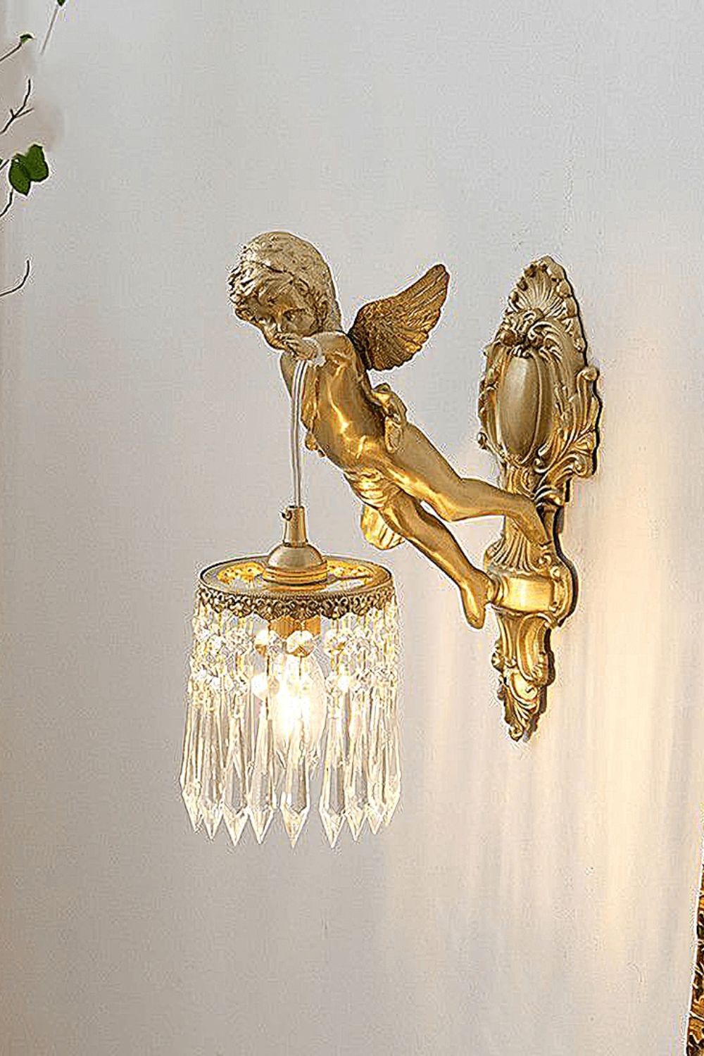 Engelen Wandlamp | Messing &amp; Kristal E14 Wandlamp Met Putto-Design