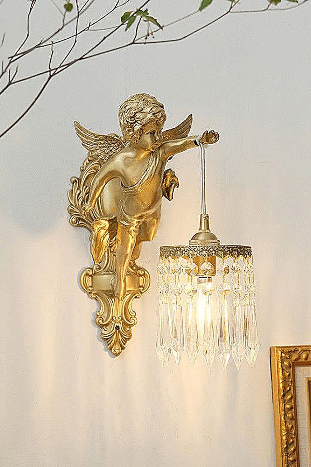 Engelen Wandlamp | Messing &amp; Kristal E14 Wandlamp Met Putto-Design