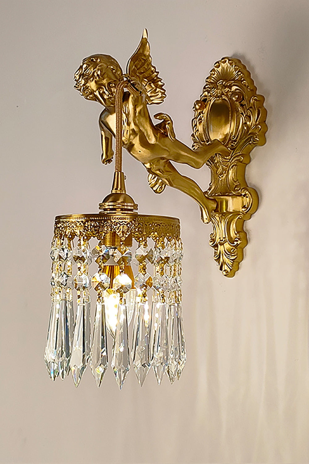 Engelen Wandlamp | Messing &amp; Kristal E14 Wandlamp Met Putto-Design