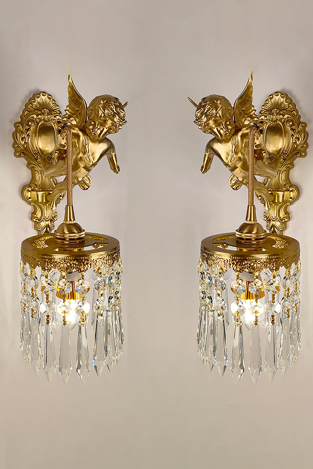 Engelen Wandlamp | Messing &amp; Kristal E14 Wandlamp Met Putto-Design