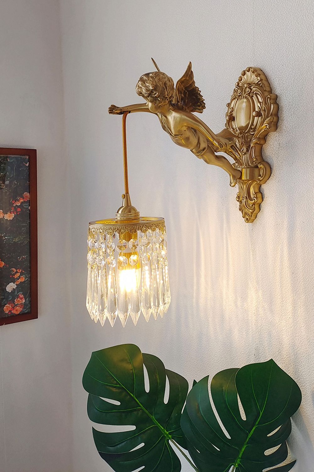 Engelen Wandlamp | Messing &amp; Kristal E14 Wandlamp Met Putto-Design