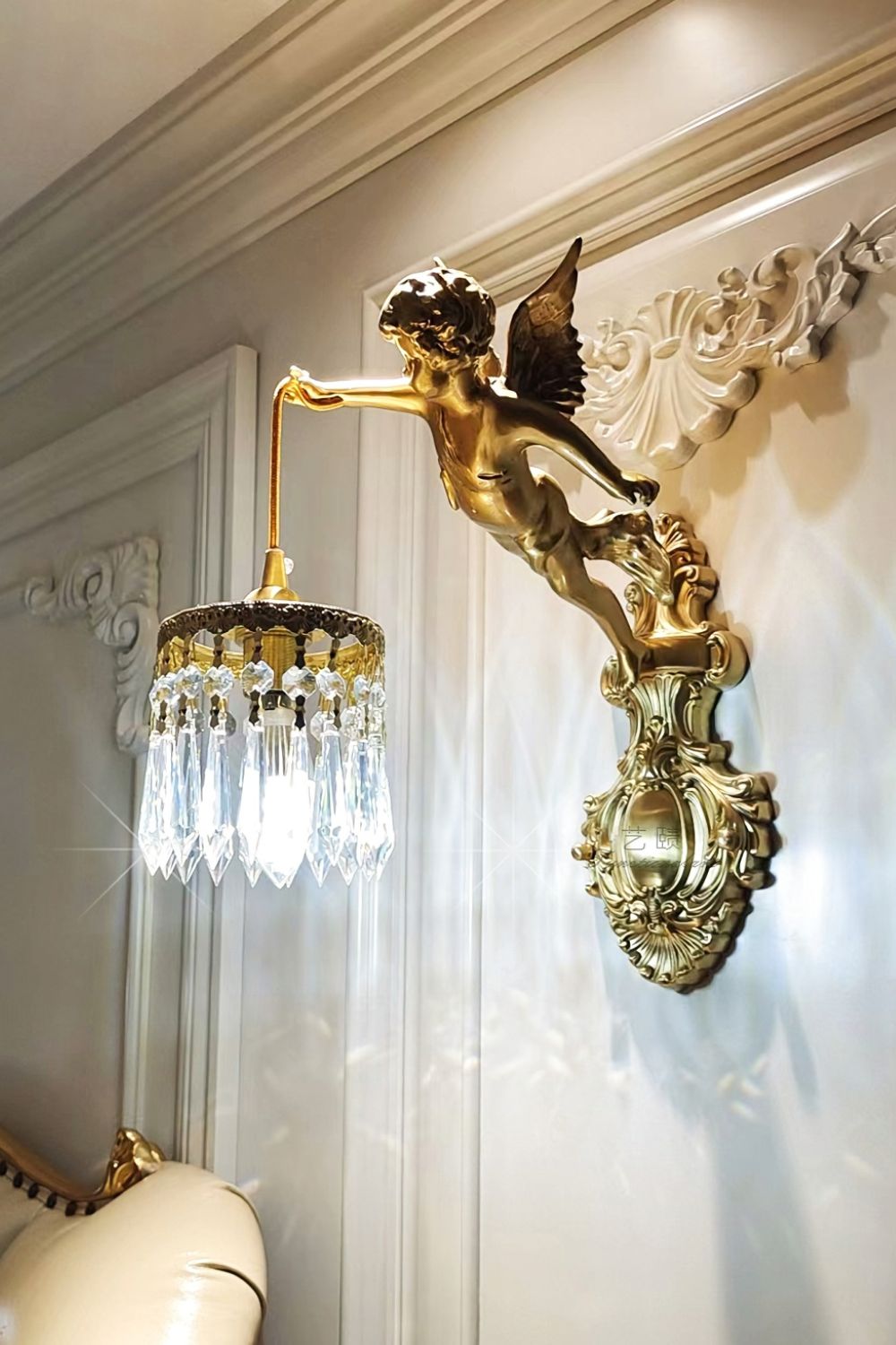 Engelen Wandlamp | Messing &amp; Kristal E14 Wandlamp Met Putto-Design