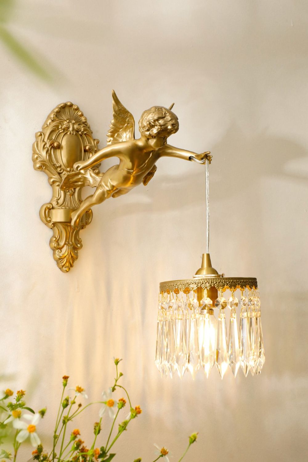 Engelen Wandlamp | Messing &amp; Kristal E14 Wandlamp Met Putto-Design