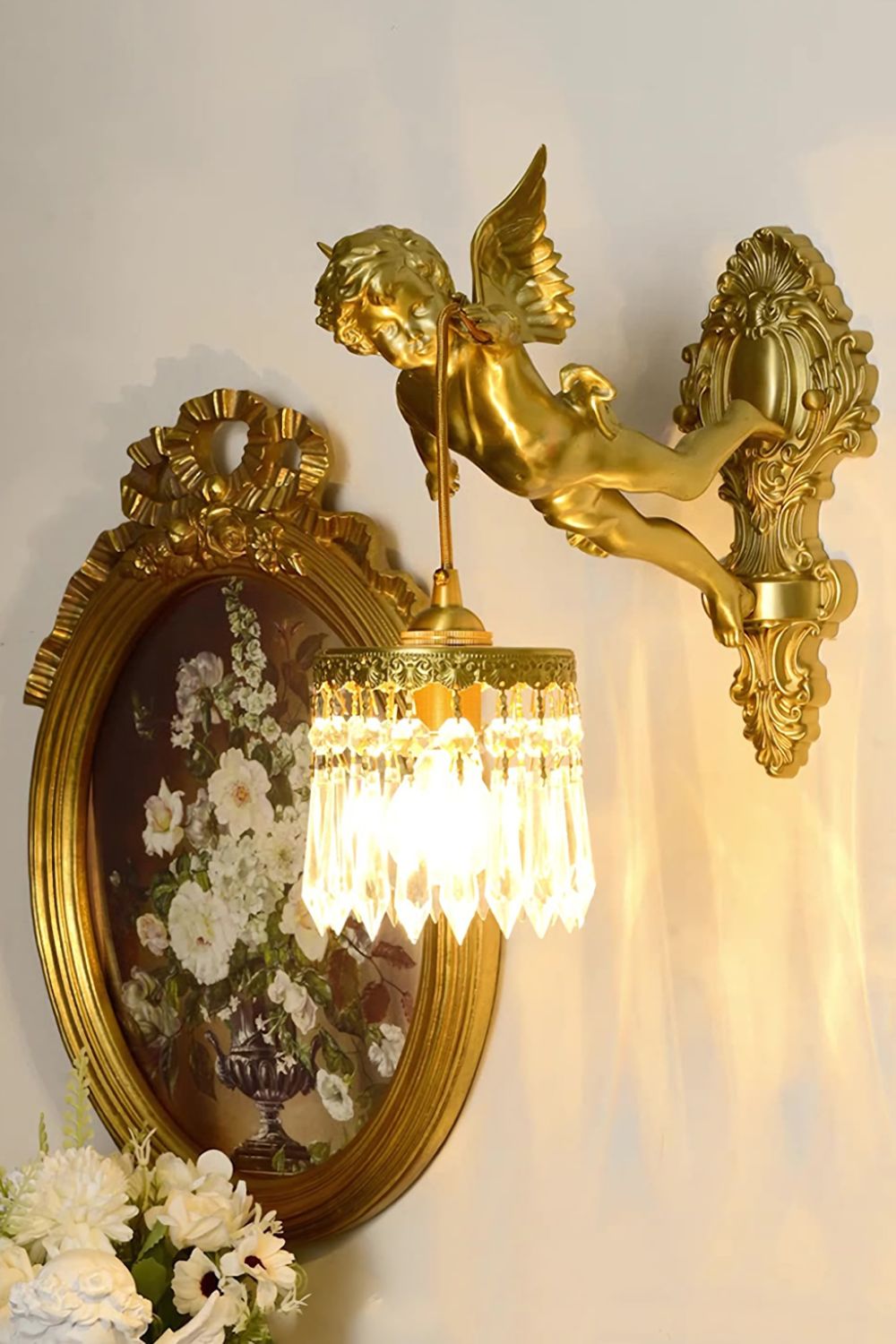 Engelen Wandlamp | Messing &amp; Kristal E14 Wandlamp Met Putto-Design