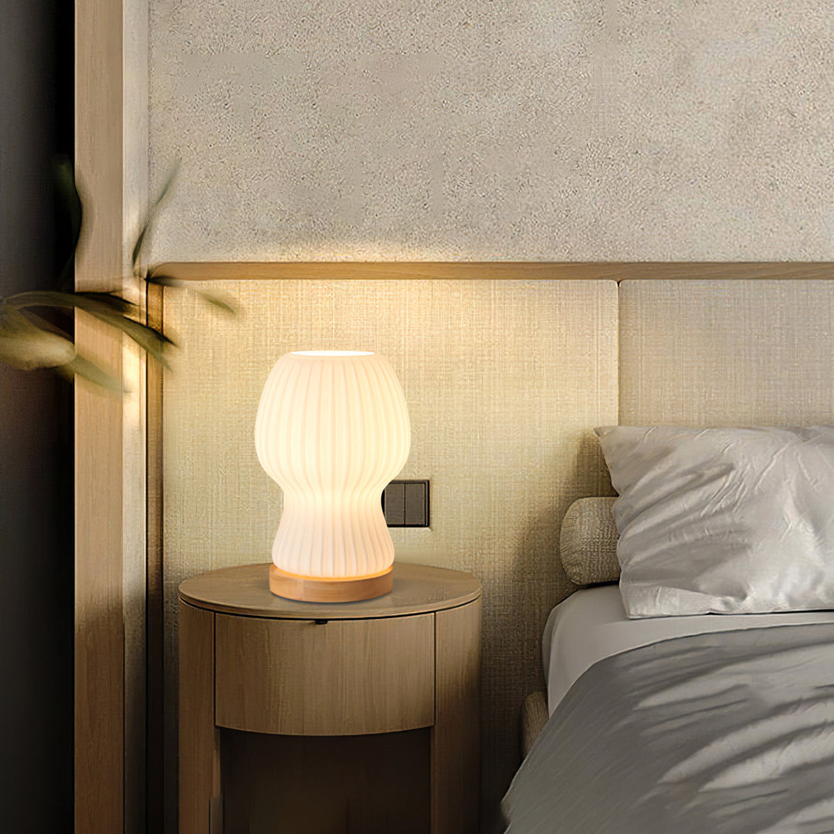 Lámpara de mesa de vidrio Japandi con iluminación ambiental suave