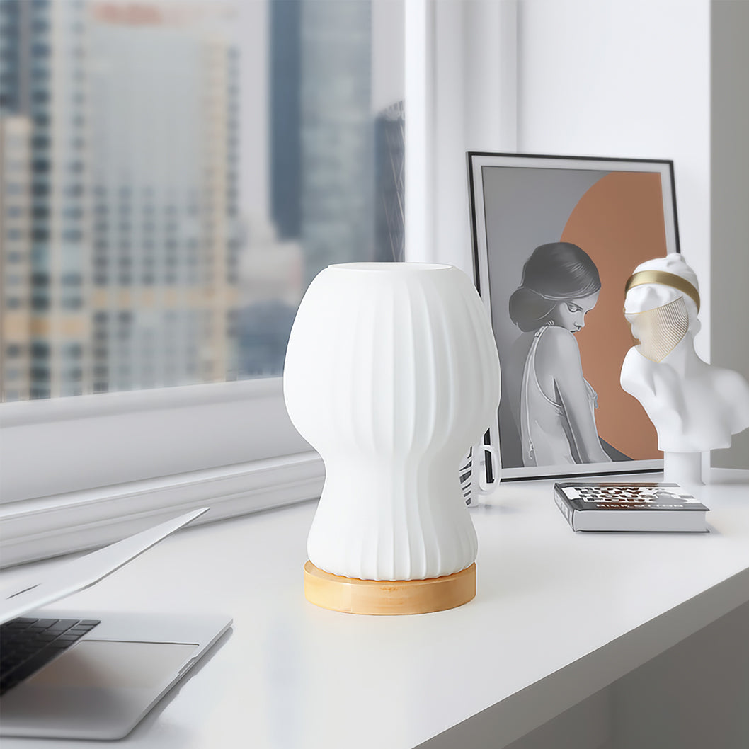 Lámpara de mesa de vidrio Japandi con iluminación ambiental suave