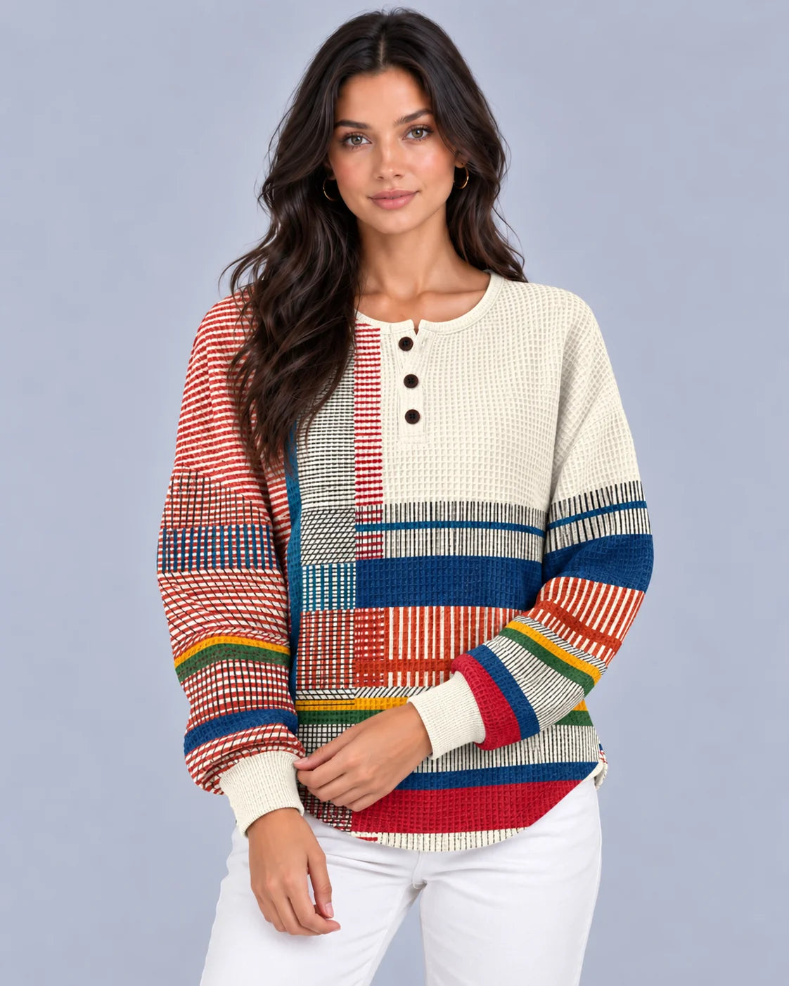 Pull en maille gaufrée pour femme | Pull confortable style colour block à col Henley