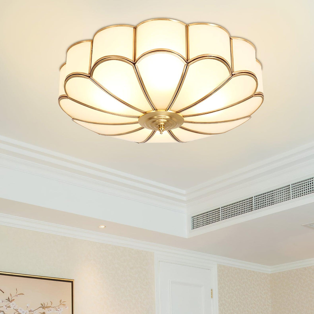 Kobber taklampe i messing og glass