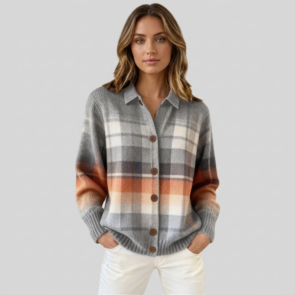 Pull à carreaux pour femme avec col | Cardigan décontracté et chaud