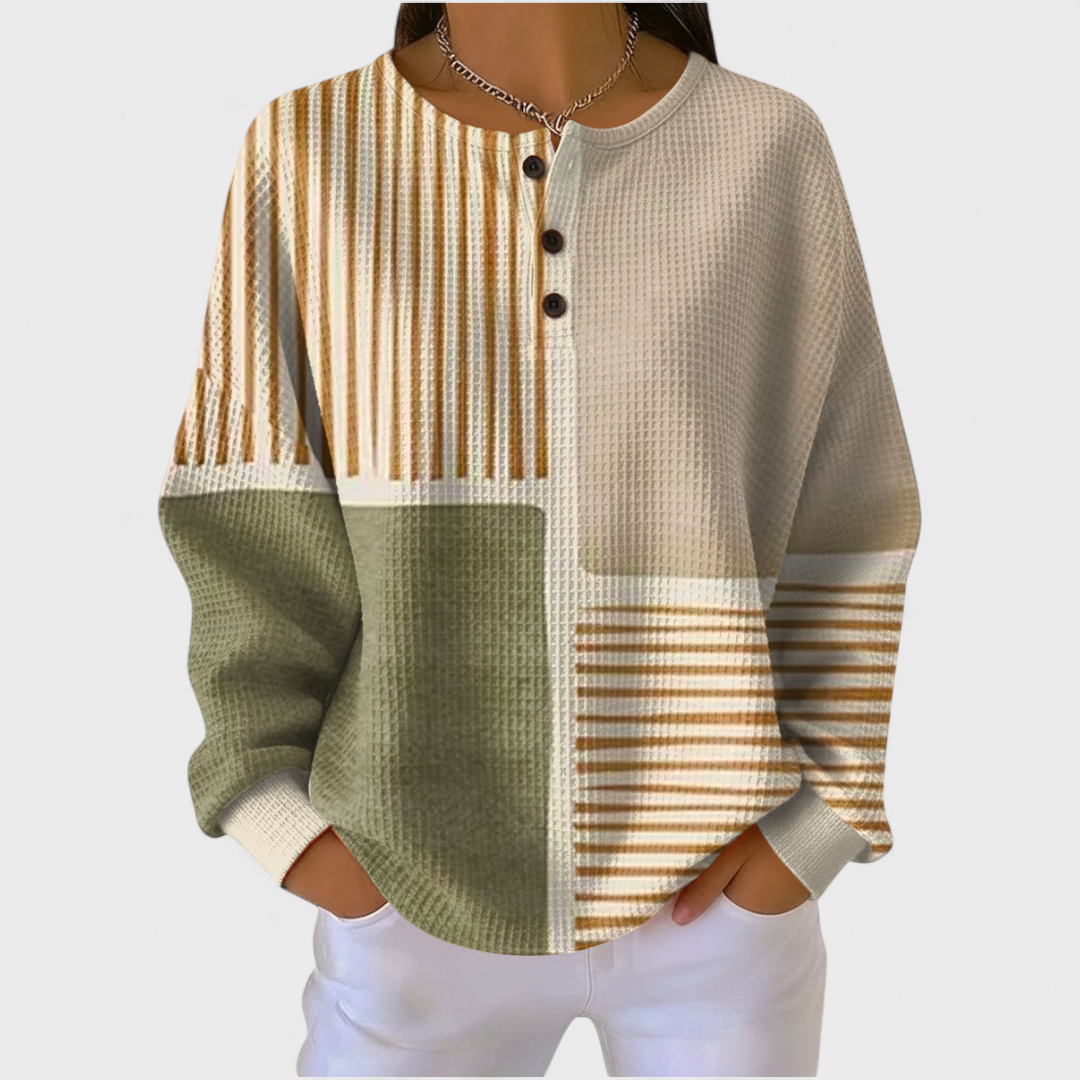 Pull en maille gaufrée pour femme | Pull confortable style colour block à col Henley