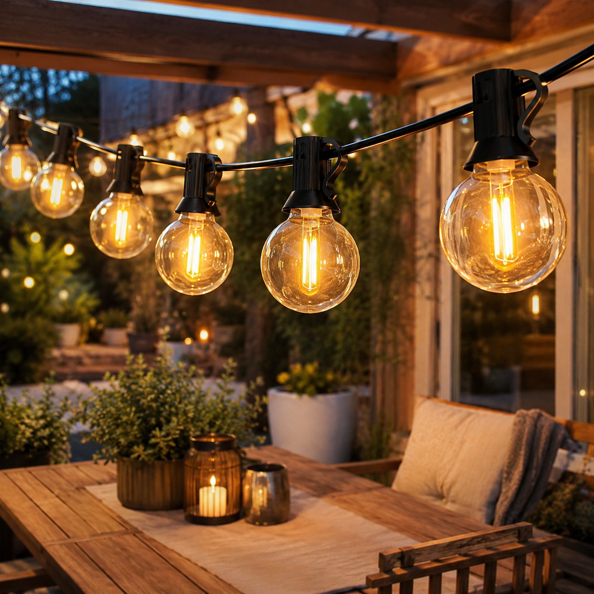 Buiten Lichtslinger met G40 Globe Lampen – Weerbestendige Tuin- & Terrasverlichting