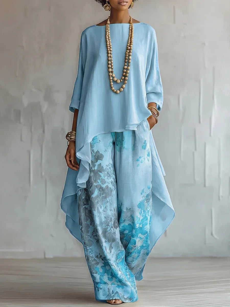 Bedrukte Dames Set | Asymmetrische Top & Wijde Broek