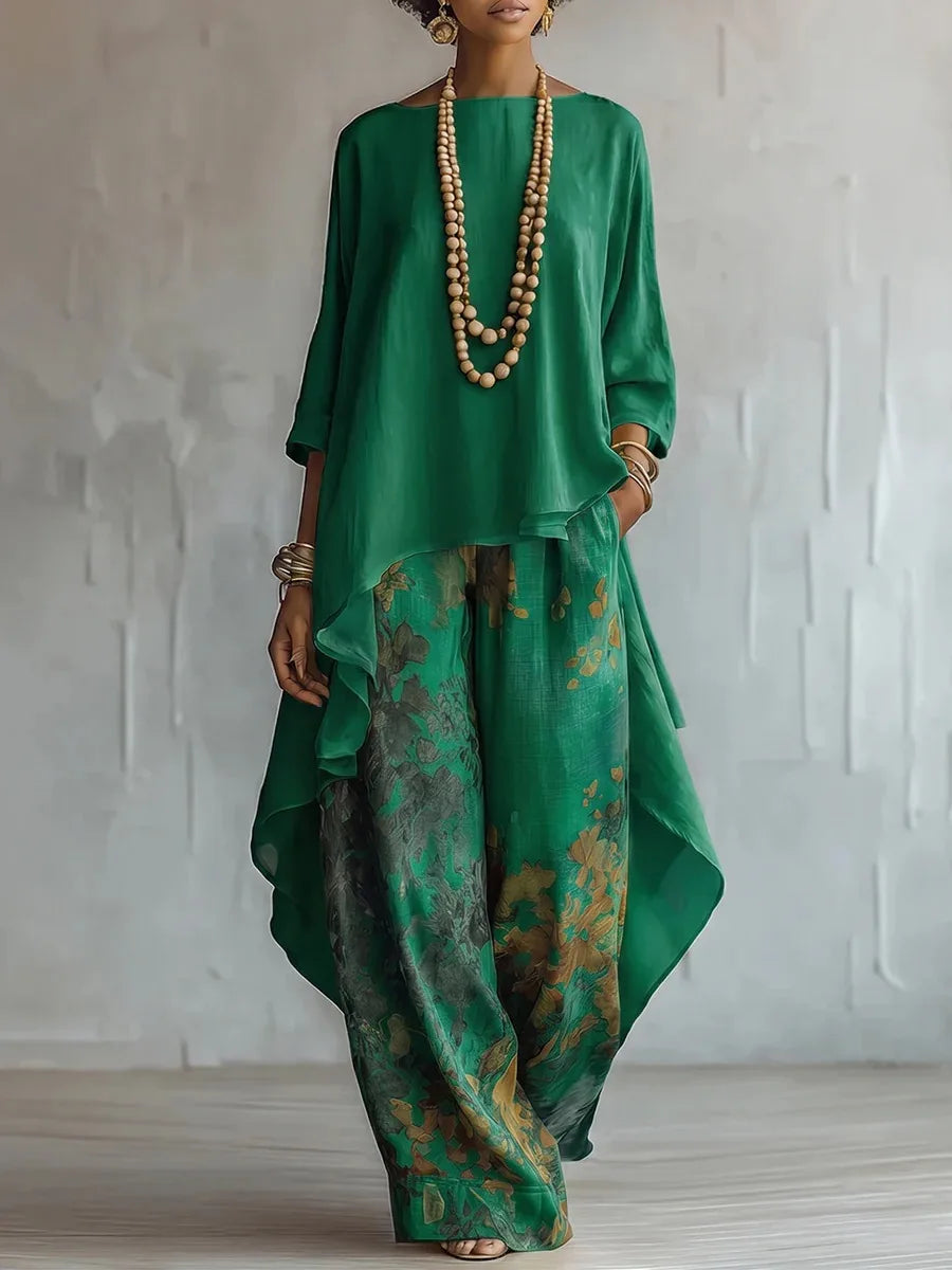Bedrukte Dames Set | Asymmetrische Top & Wijde Broek