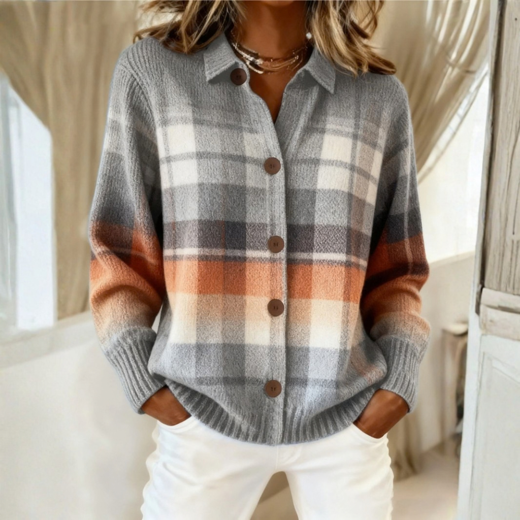 Pull à carreaux pour femme avec col | Cardigan décontracté et chaud