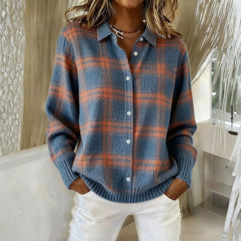 Pull à carreaux pour femme avec col | Cardigan décontracté et chaud