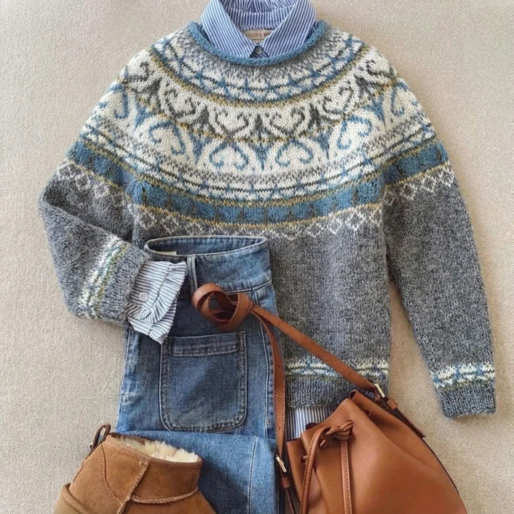 Sweter nordycki z okrągłym dekoltem | Klasyczny vintage'owy sweter dzianinowy