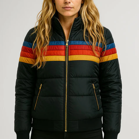 Retro Pufferjack met Warme Strepen – Kleurrijke Winterjas voor Dames