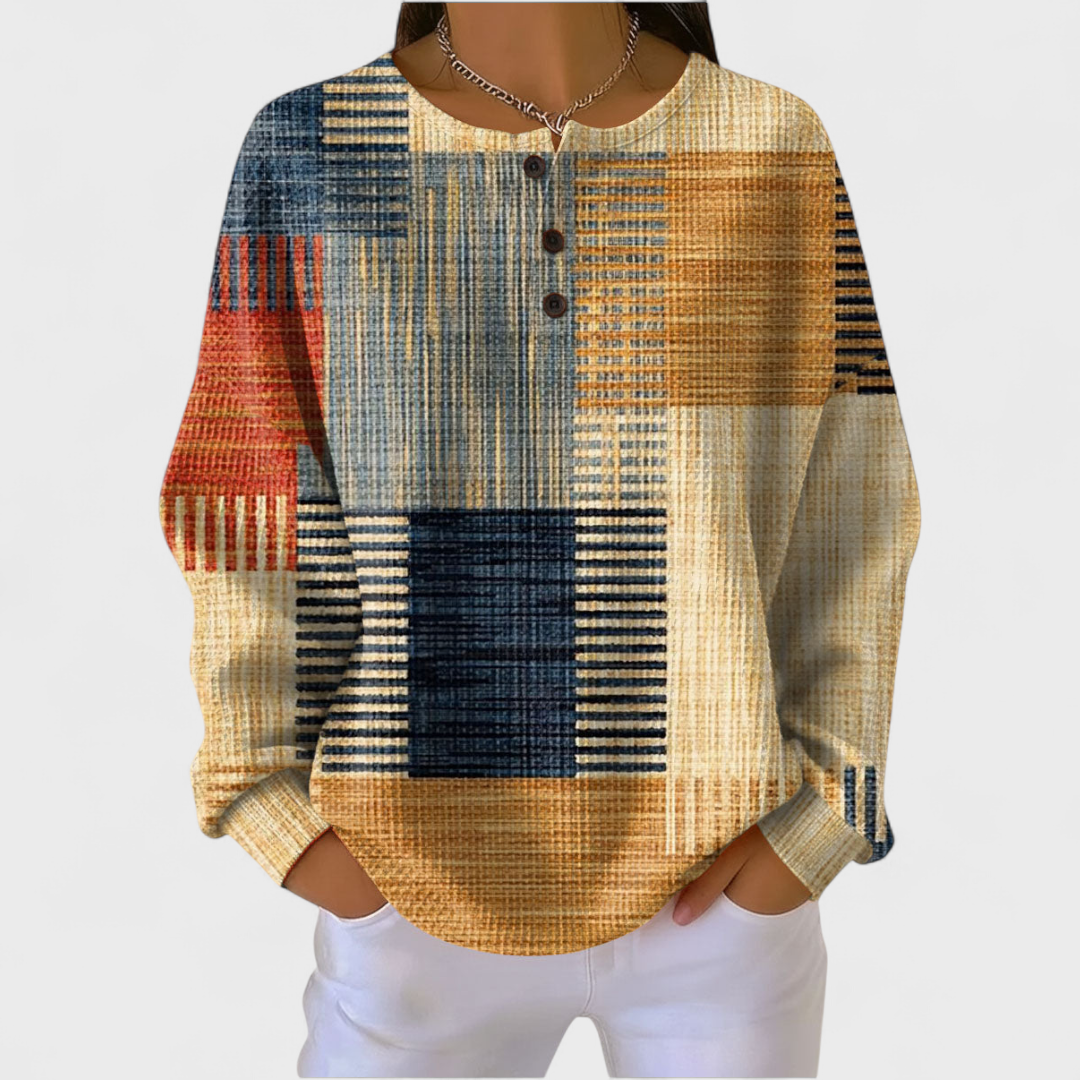 Pull en maille gaufrée pour femme | Pull confortable style colour block à col Henley